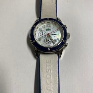 Lacoste Women’s Watch Chronograph Date 24 Hour WR 5 ATM white blue new battery